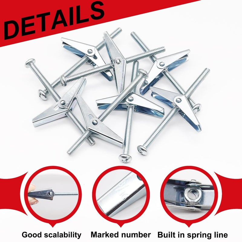 Bemaka 92Pcs 3/16 Inch Toggle Bolts for Drywall, Butterfly Anchors Heavy Duty Drywall Anchors and Screws Kit, Toggle Bolts and Wing Nut Kit with Nuts Washers for Hollow Wall, Ceiling (23 Set) - Image 4